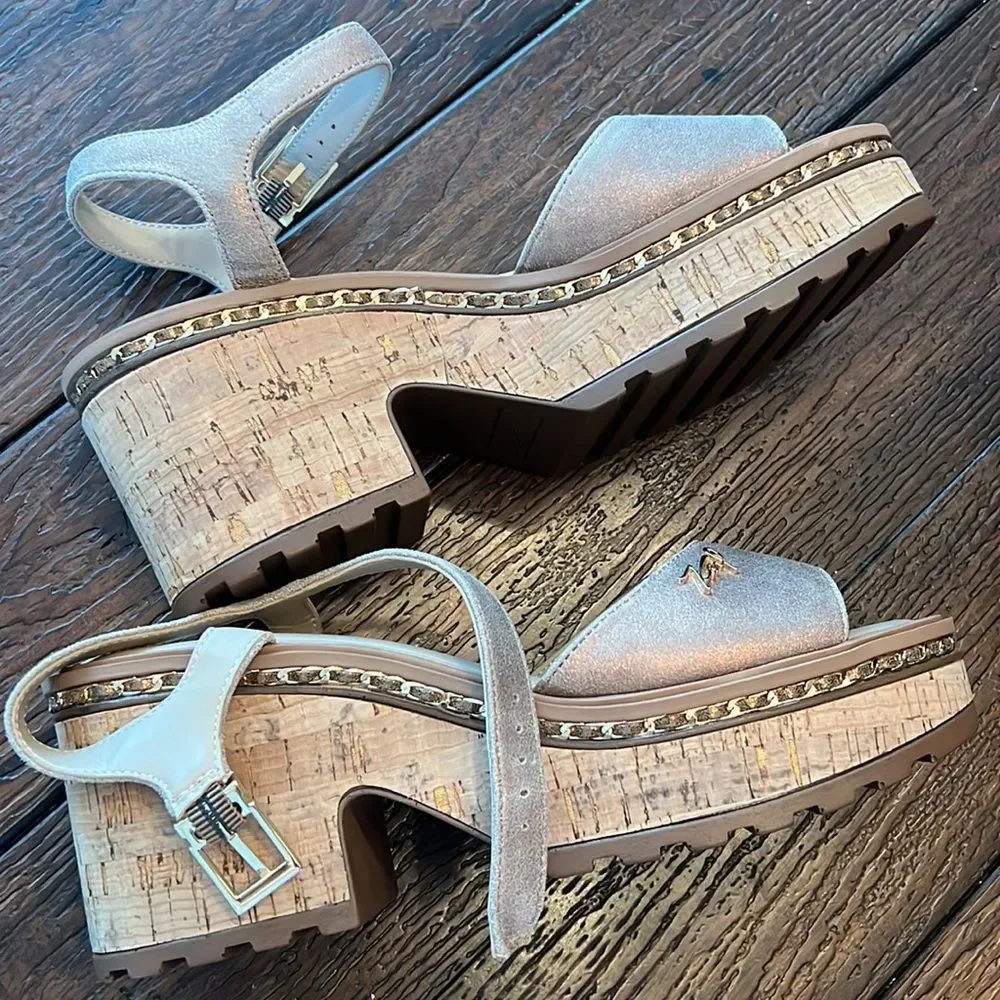Karl Lagerfeld Metallic Rose Gold Cork Platform Sandals